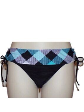 HOBIE Cinch Side Hipster Bikini Bottoms Sz M Black Turquoise White Plaid Swim